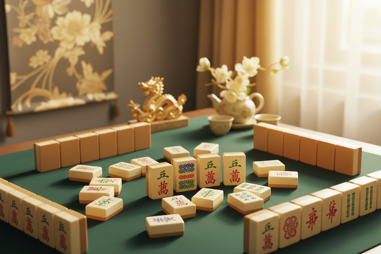 Mahjong game setup on a table with decorative elements in the background